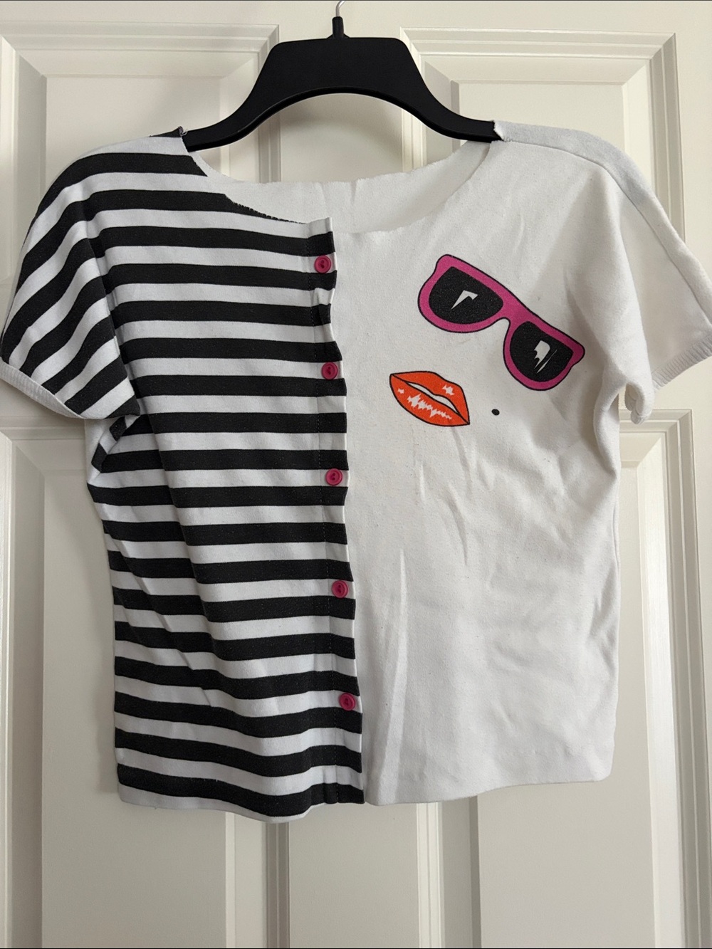 HealthTex Black & White Striped Button-Front Tee with Pink & Orange Graphic